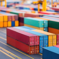 Fototapeta premium A vibrant collection of shipping containers stacked in a busy port, showcasing global trade and logistics activity.
