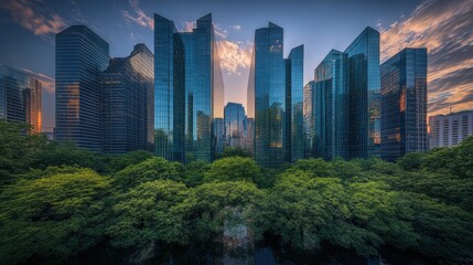 Obraz premium Modern Urban Landscape with Skyscrapers and Lush Greenery