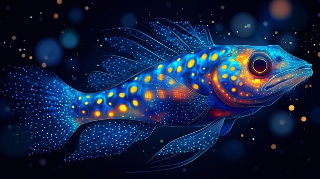 A vector illustration of a bioluminescent lanternfish skin texture with glowing spots in deep-sea darkness.