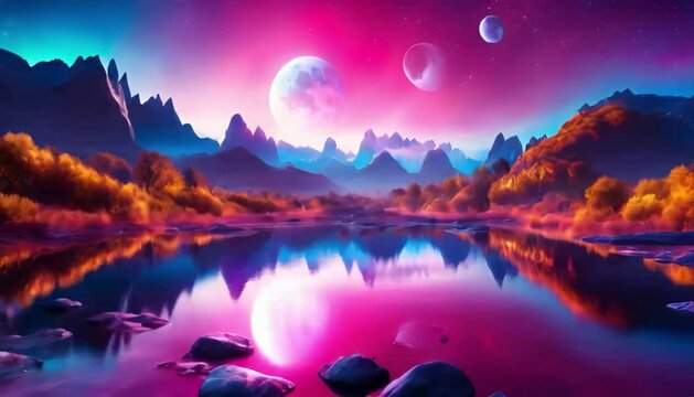 A vibrant alien planet with glowing forests, towering crystalline mountains, and rivers of liquid light under a sky with three moons