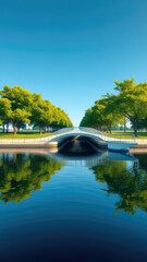 Obraz premium reflected pedestrian bridge with trees on the opposite shore, pedestrian bridge, natural beauty, water reflection