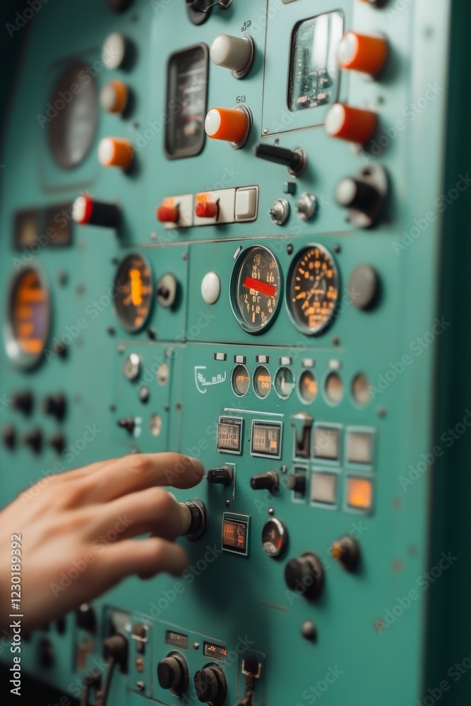 Aufkleber Retro-Futuristic Spacecraft Control Console Aesthetic Textured Metal and Analog Displays - Enhancing UX/UI Design for Aerospace and Simulation Interfaces