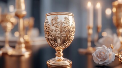 Fototapeta premium A striking black vase adorned with gold accents showcases lush greenery and small yellow blooms. The arrangement stands against a dark background, emphasizing its elegance and simplicity
