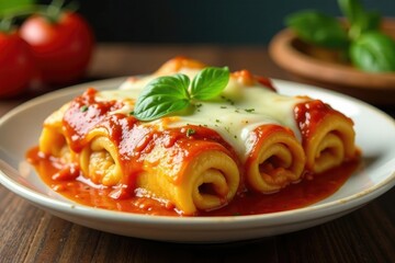 A golden-brown baked cannelloni dish with melted mozzarella cheese on top, warm kitchen, baked pasta, layered casserole