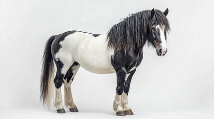 Black and white Gypsy horse with long mane on white background.