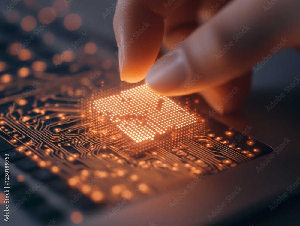 Poster futuristic digital connectivity network administrators hands on circuit board graphic laptop - cyber
