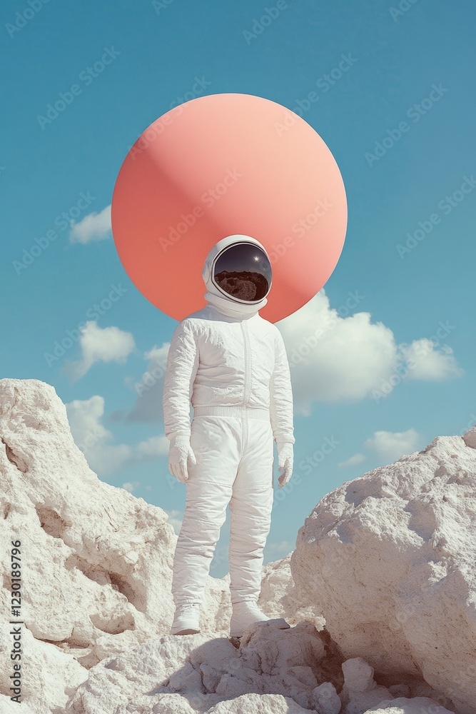 Poster neo-futuristic astronaut on rocky terrain space exploration art for tech industry and digital brandi