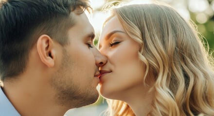 Obraz premium Romantic moment between young caucasian couple sharing a tender kiss in sunlit setting