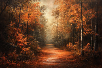 Fototapeta premium Vibrant autumn landscape with golden light filtering through orange trees