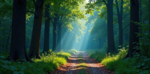 Fototapeta premium A quiet forest path with Duotone Blau Rot tree trunks and leaves, peaceful, nature, bluetail