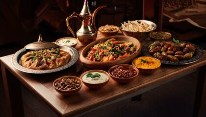 Table with various arabic food served. Generated image