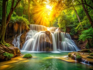 Obraz premium Golden Waterfall: Cascading Sunlight, Lush Nature, Mystical River