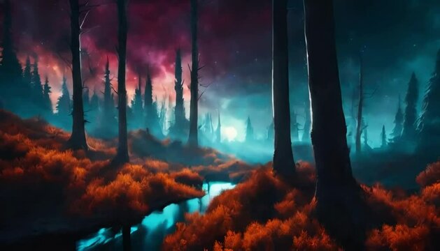 A vibrant alien planet with glowing forests, towering crystalline mountains, and rivers of liquid light under a sky with three moons