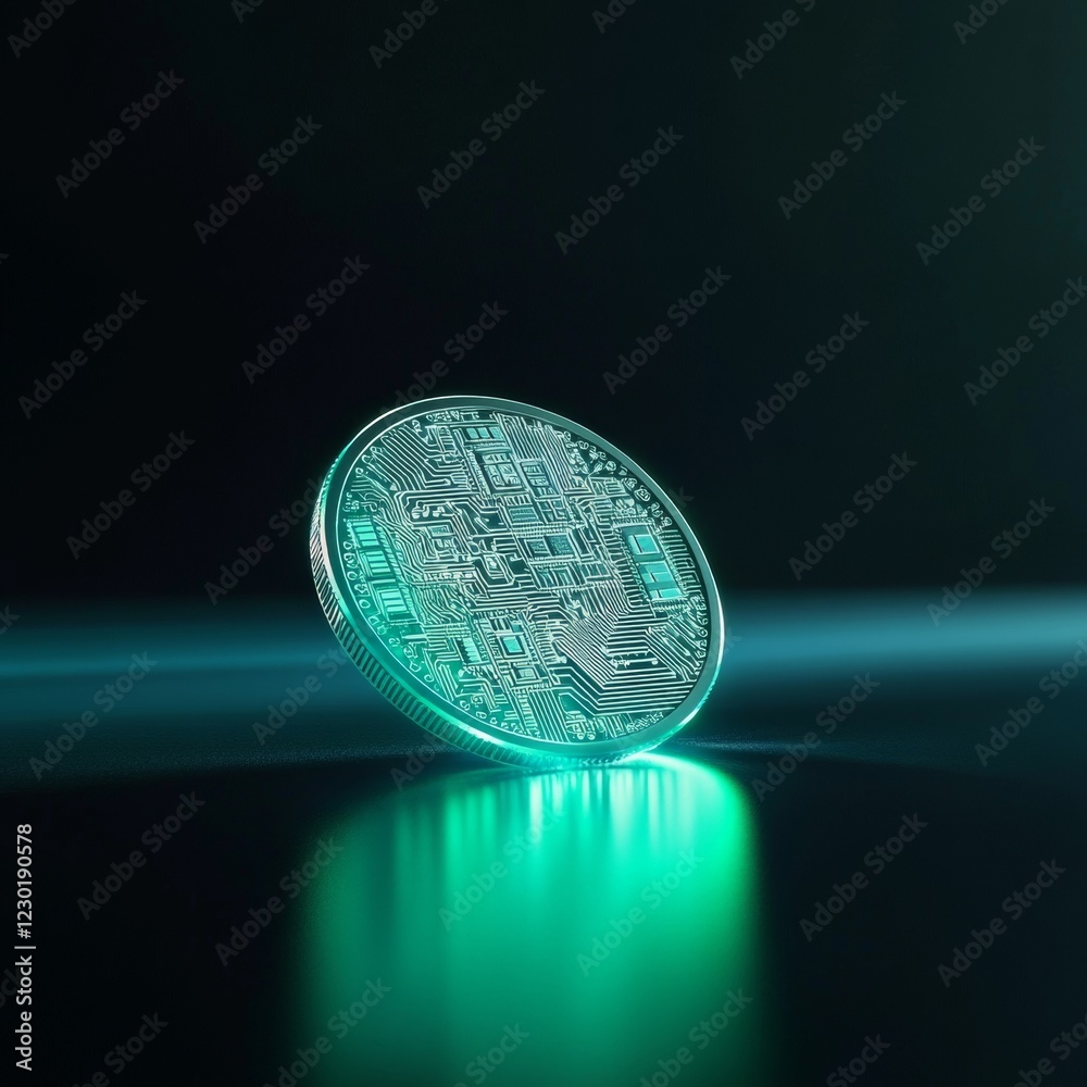 Poster futuristic cryptocurrency coin intricate circuit design on glossy black - blockchain innovation and 