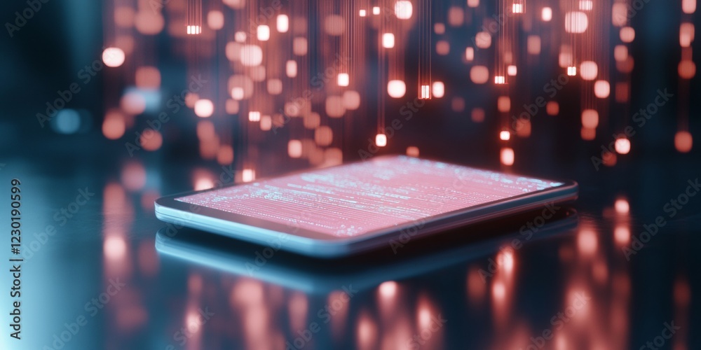 Poster Futuristic Holographic Interface Sleek Glass Device with Digital Code Stream for Tech Innovation and Cutting-Edge User Interaction in Professional Industries