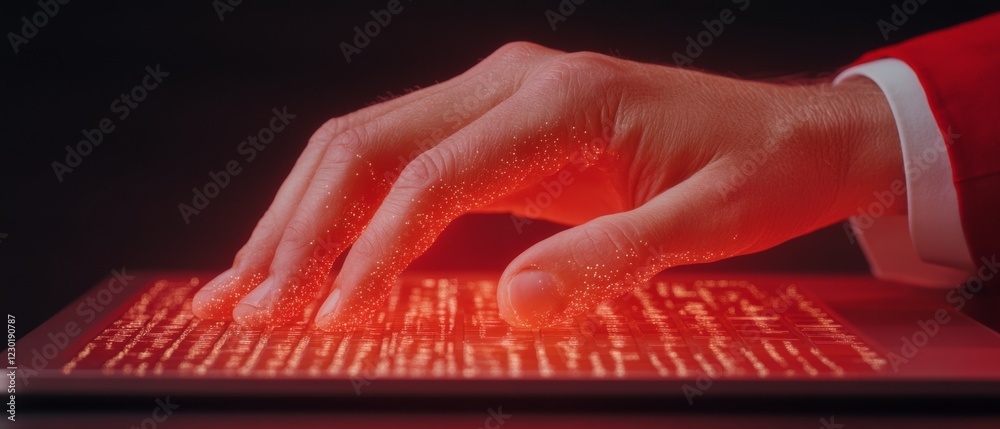 Poster Futuristic Business Innovation Red-Hued Digital Interaction with Data on Touchscreen - Cutting-Edge IT Solutions and Advanced System Architecture for Tech-Driven Enterprises