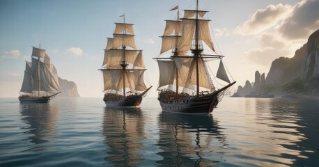 Fototapeta premium Old sailing ship on a calm sea with sailboats and yachts in the background, ocean views,