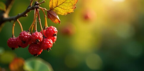 Obraz premium Clusters of dried autumn berries hanging from bush, leafy greens, trees, berries
