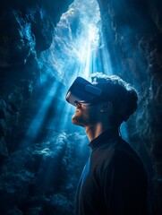 Immersive Virtual Exploration Young Man Experiencing Futuristic VR in Natural Cavern - Cinematic Tech Showcase for Entertainment and Digital Storytelling