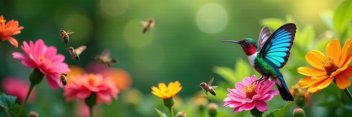 Colorful butterflies and hummingbirds in a garden, bees, plant life, hummingbirds
