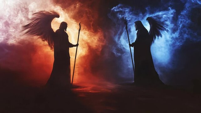 Two Silhouetted Angels in Dramatic Red and Blue Light with Ethereal Cloud Background