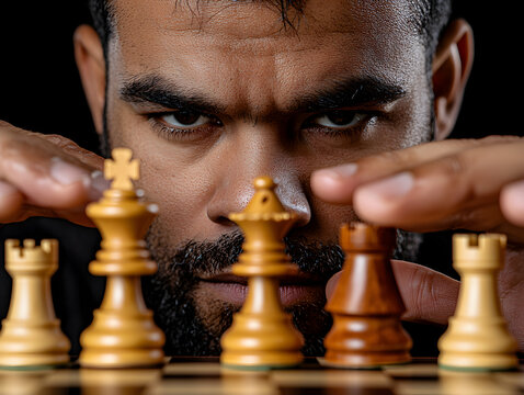 focused chess player strategizing intensely over chessboard