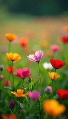 Fototapeta premium Colorful flowers blooming in a field with green grass at the European Space Agency -ESA-, colorful flowers, space exploration, field of flowers