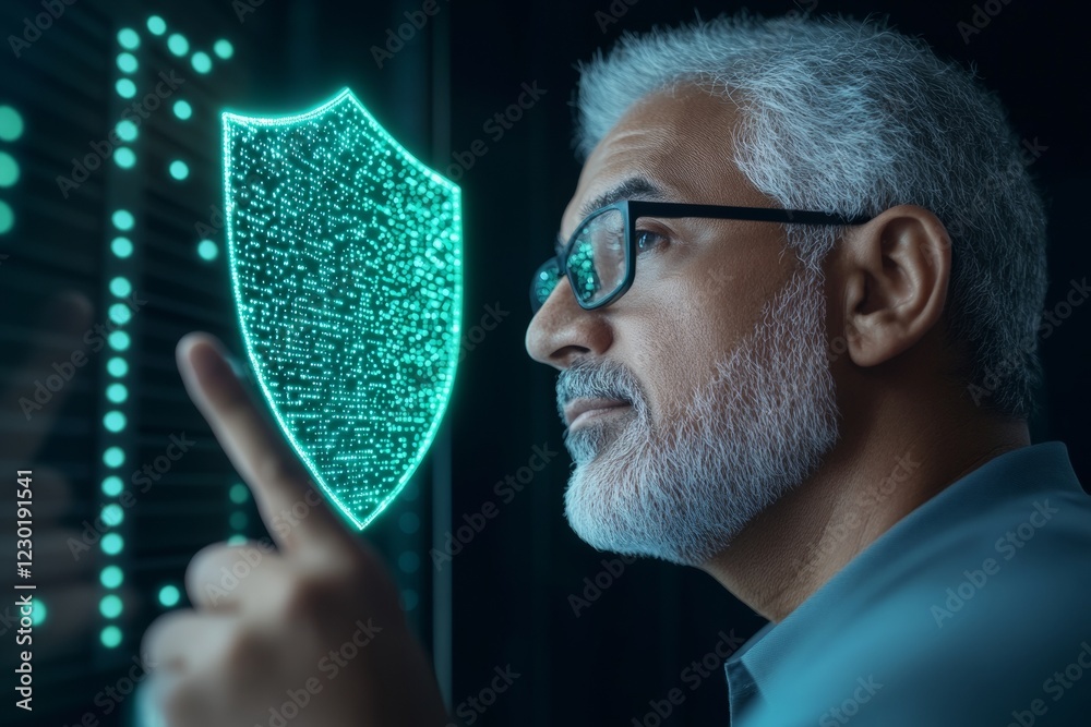 Aufkleber Futuristic Cybersecurity Display Middle-aged Man Engaging with LED-Lit Server Rack and Digital Shield - Enhanced Data Protection and Business Intelligence in Tech Environments