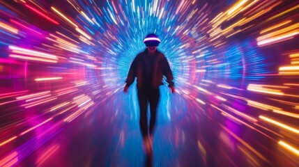 Neon Motion Blur in VR Young Enthusiast with VR Glasses Experiencing Virtual Excitement - Dynamic Tech Content and Immersive Advertising for Digital Marketing Innovations