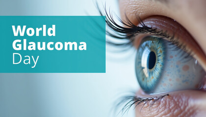 World Glaucoma Day banner featuring a detailed eye image with a blue background and awareness message emphasizing the importance of eye health.