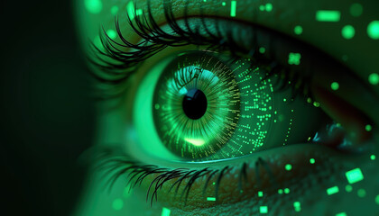 Close-up of a green eye with intricate digital patterns representing awareness and technology for World Glaucoma Day.
