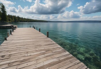Naklejka premium Scenic view of pristine Torch Lake with wooden pier, Midwest, nature, holiday