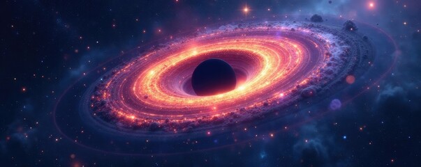 Cosmic landscape with supermassive black hole, galaxy, landscape