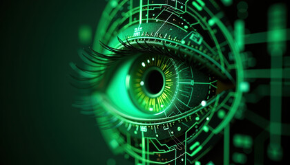 Abstract close-up of a digitalized green eye emphasizing the importance of eye health for World Glaucoma Day.
