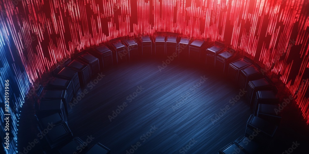 Poster Futuristic Trading Floor Dramatic Circular Desk with Holographic Stock Data and Metallic Finish - Business Innovation Space for Financial Analysis and Tech-Driven Decision-Making