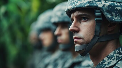 Military soldiers in formation jungle environment action scene close-up view tension and readiness