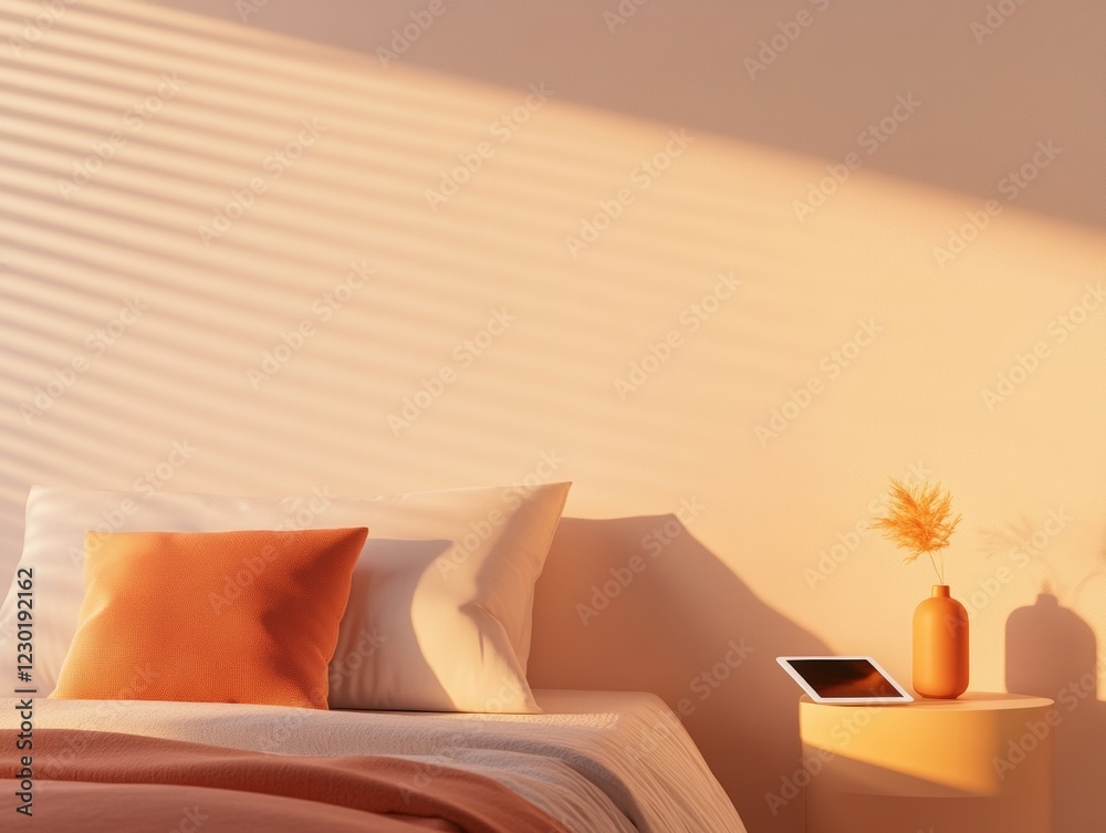 Poster minimalist sunset bedroom smart home integration with warm lighting and automated controls enhancing