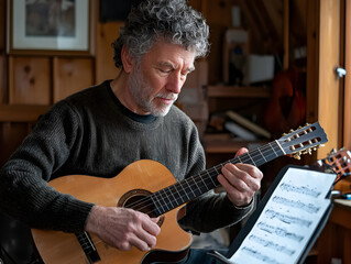 Obraz premium man playing acoustic guitar in cozy wooden room with sheet music nearby