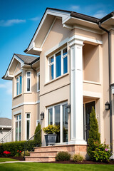 Luxury Modern Townhouse Exterior: Architectural Design and Landscaping. Beautiful contemporary home with stunning facade, landscaping, and garden details.