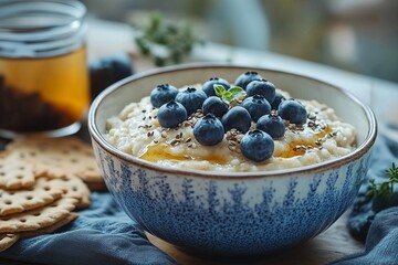  A beautifully presented bowl of creamy oatmeal topped with fresh blueberries, flaxseeds, and a drizzle of honey.