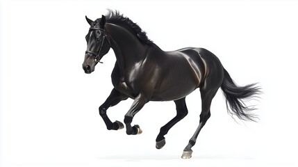 Fototapeta premium Black horse galloping with bridle on white background.