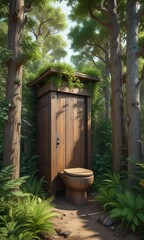 Overgrown vegetation surrounding the unassuming wooden toilet nestled among tree trunks , wooden, growth