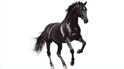 Black horse galloping with mane flowing in wind.