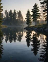 Obraz premium serene lake at dusk with trees reflected in the calm water , tranquil lake, evening ambiance