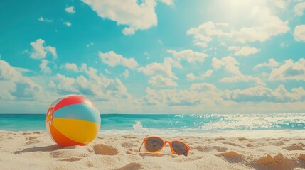 Obraz premium Colorful Beach Ball and Sunglasses on Serene Sandy Beach