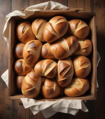 Overhead view of a steaming basket filled with freshly baked loaves of bread on a wooden surface, inviting, warm