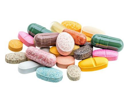 Colorful assortment of various pills and capsules on transparency background, showcasing different shapes and sizes, ideal for health and wellness themes