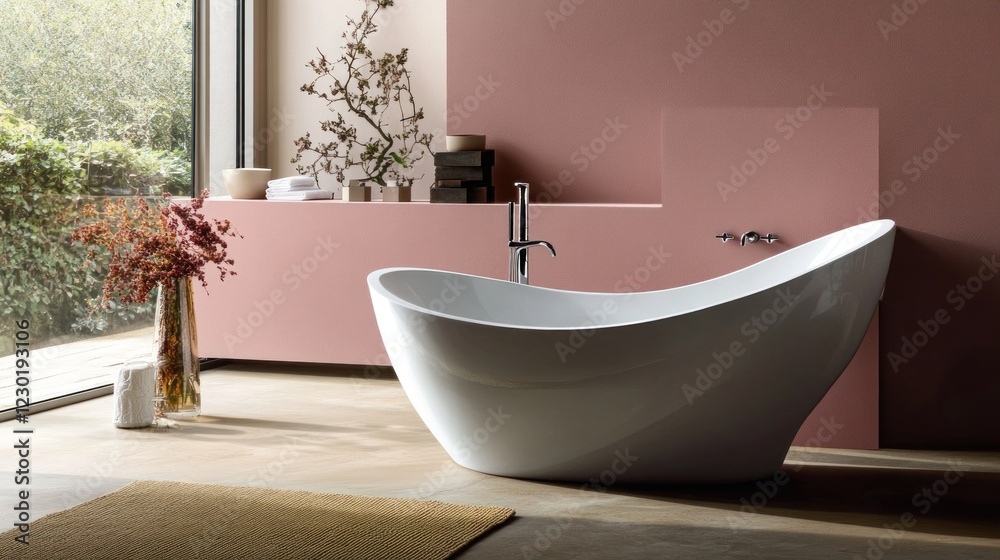 Wall mural Modern Freestanding Bathtub in a Pink and Beige Bathroom