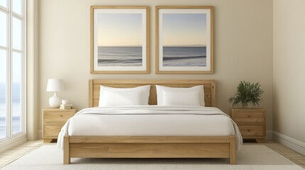 Cozy Bedroom Interior with Natural Wood Furniture and Beach Artwork