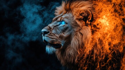 Naklejka premium Majestic Lion Surrounded by Fire and Ice with Glowing Blue Eyes
